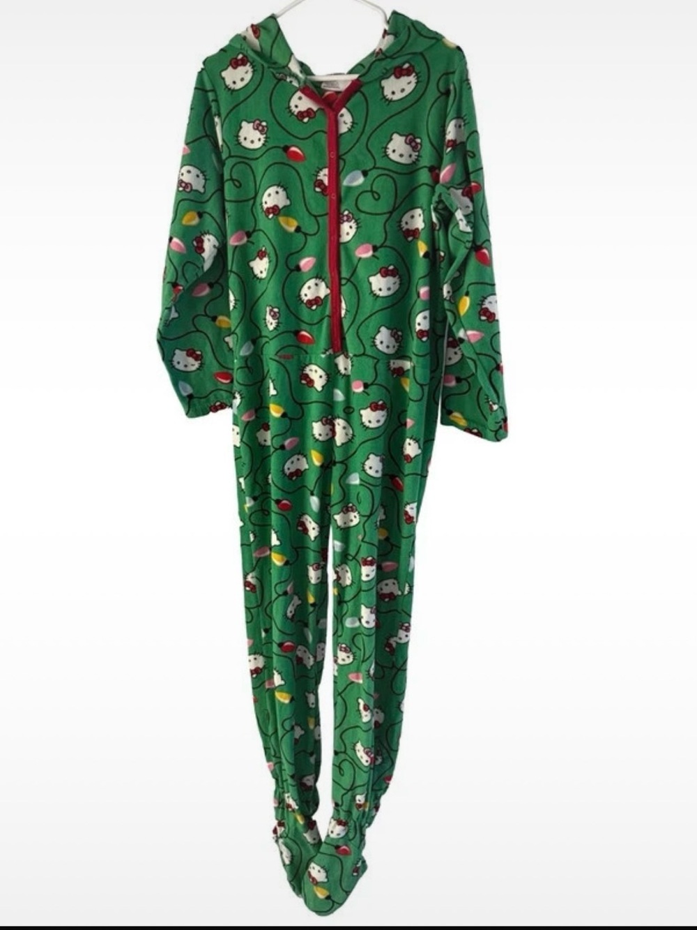 Hello Kitty Women's Large Green Festive String Lights Print Hooded One Piece